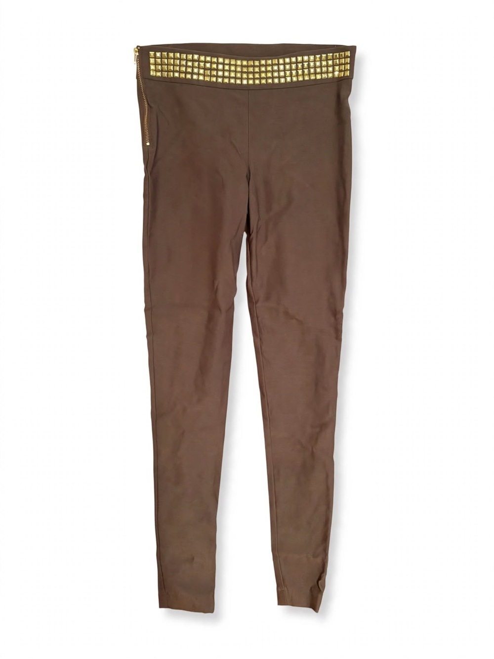 Sanctuary Size S Brown Gold Studded Waist Skinny Pants Side Zipper Stretch